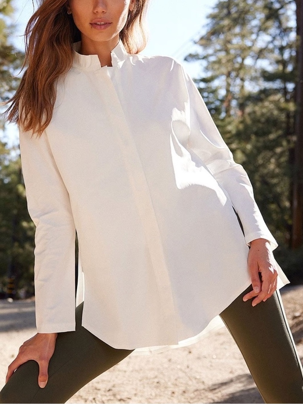 ADAY Something Borrowed oatmeal button-down recycled elastane shirt size large